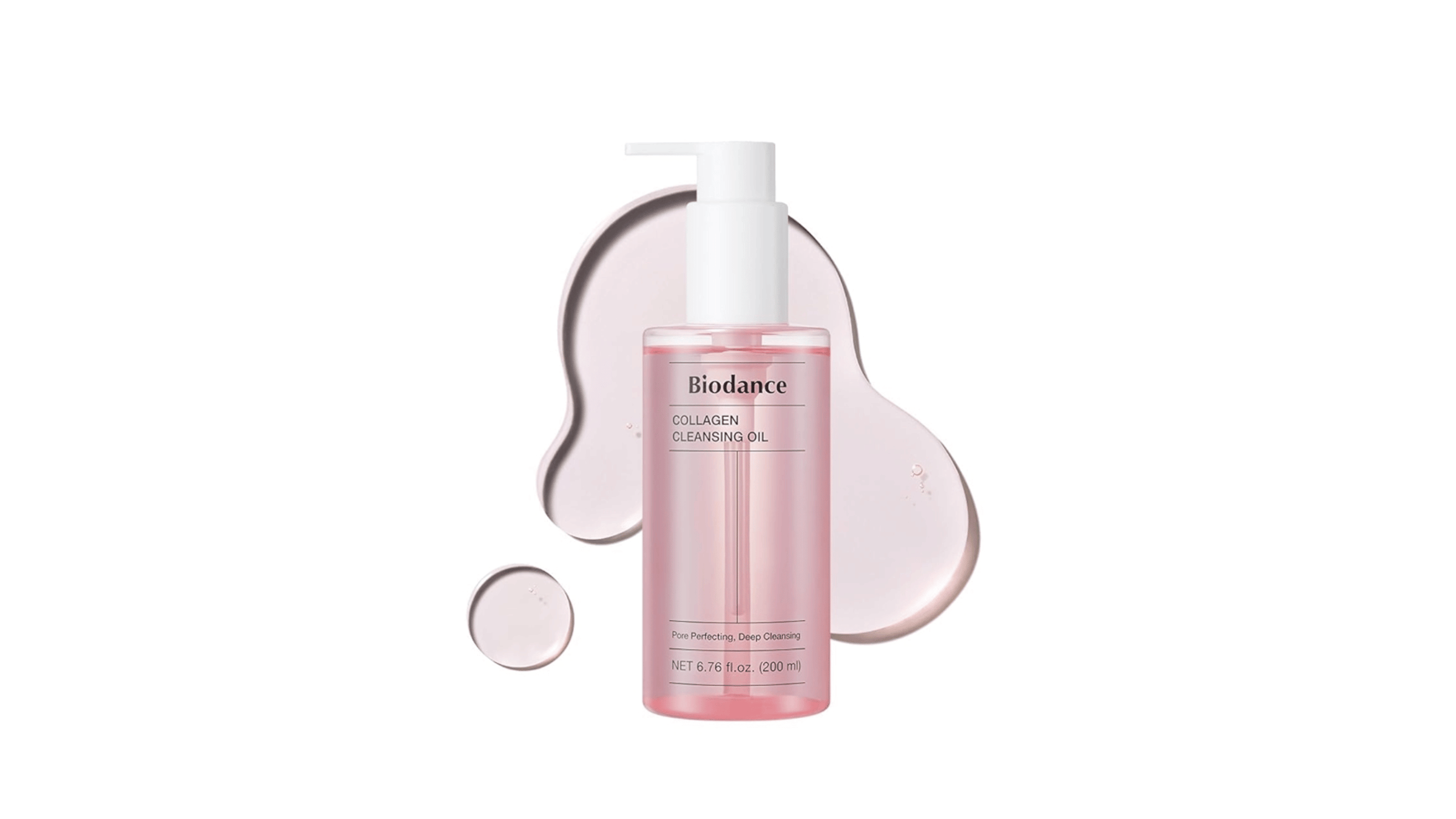 En stilren produktbild på Biodance Collagen Cleansing Oil i rosa transparent flaska mot ljus bakgrund med oljedroppar.