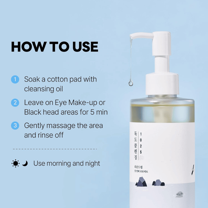 Round Lab 1025 Dokdo Cleansing Oil qui dissout efficacement le maquillage, la crème solaire et les impuretés grâce à une texture d’huile légère et hydratante