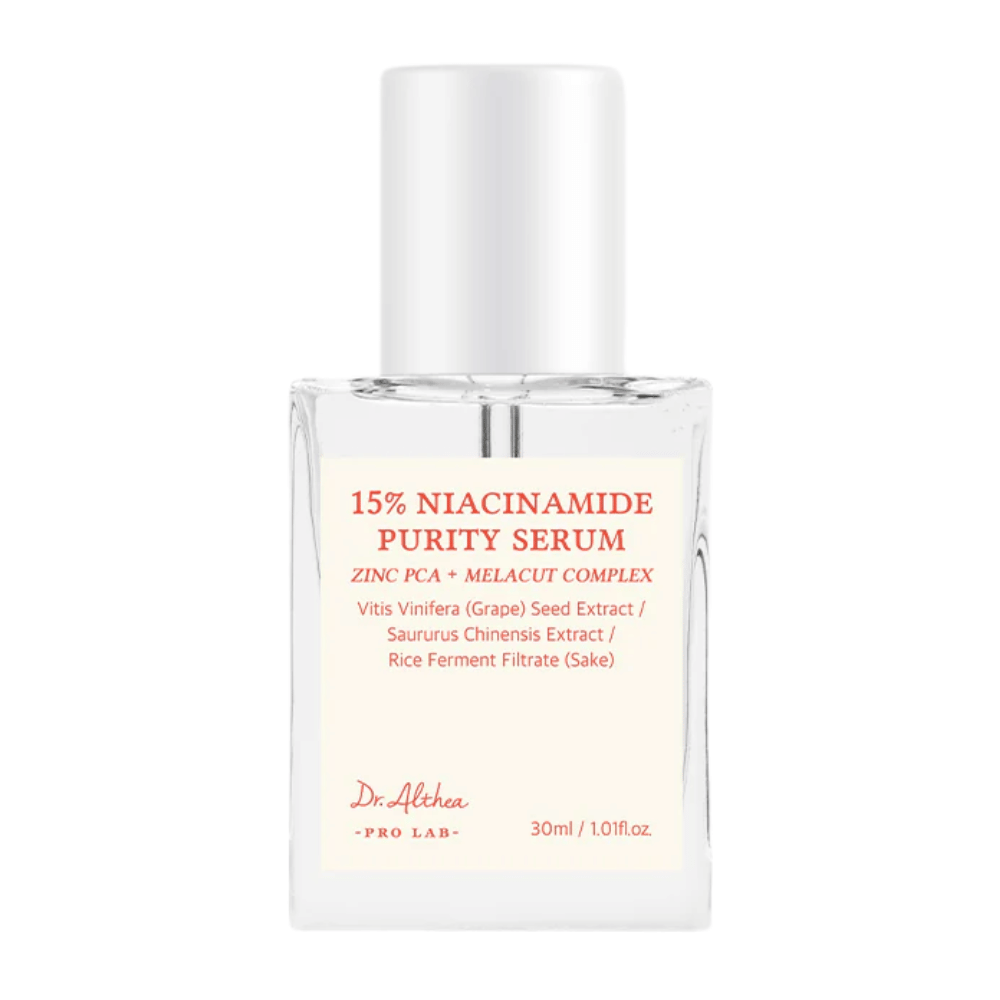 Dr. Althea 15% Niacinamide Purity Serum est un sérum avancé qui combine 15% de niacinamide avec du Zinc PCA et MELACUT COMPLEX pour éclaircir, réduire les pores et améliorer la texture de la peau. Parfait pour un teint éclatant et uniforme.