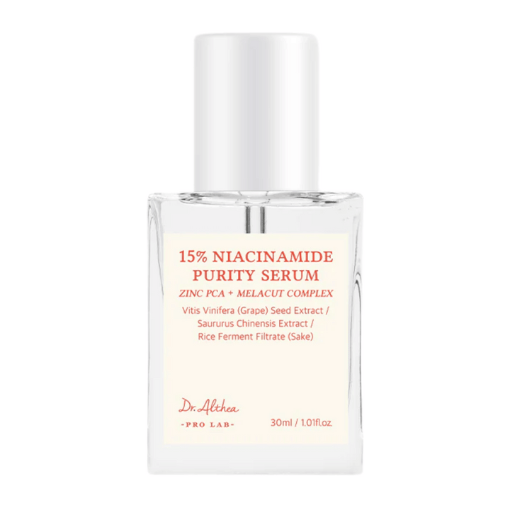 Dr. Althea 15% Niacinamide Purity Serum est un sérum avancé qui combine 15% de niacinamide avec du Zinc PCA et MELACUT COMPLEX pour éclaircir, réduire les pores et améliorer la texture de la peau. Parfait pour un teint éclatant et uniforme.