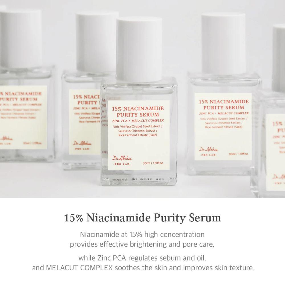 Dr. Althea 15% Niacinamide Purity Serum avec une forte concentration de niacinamide pour une peau plus lumineuse et une réduction des pores. Contient du Zinc PCA pour la régulation du sébum et MELACUT COMPLEX pour apaiser la peau et améliorer la texture. Emballage élégant pour une impression professionnelle.