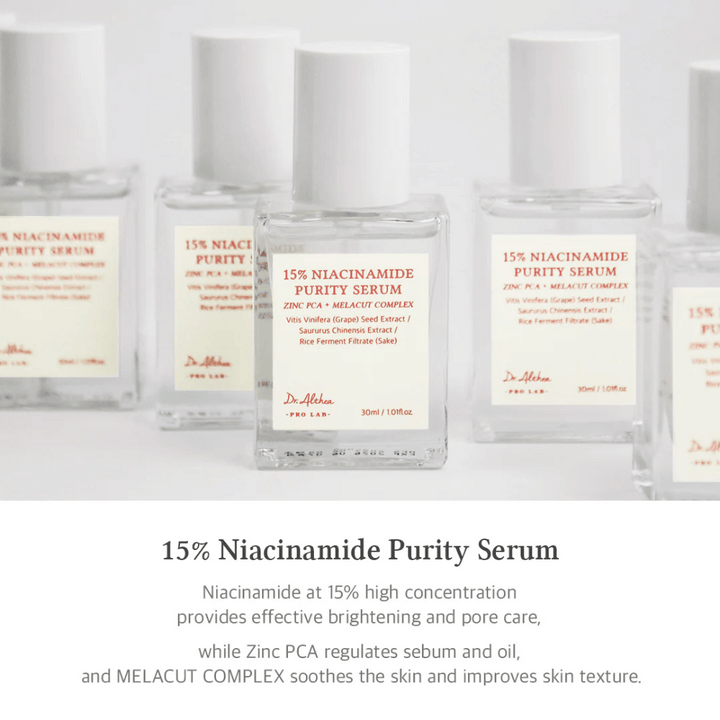 Dr. Althea 15% Niacinamide Purity Serum avec une forte concentration de niacinamide pour une peau plus lumineuse et une réduction des pores. Contient du Zinc PCA pour la régulation du sébum et MELACUT COMPLEX pour apaiser la peau et améliorer la texture. Emballage élégant pour une impression professionnelle.