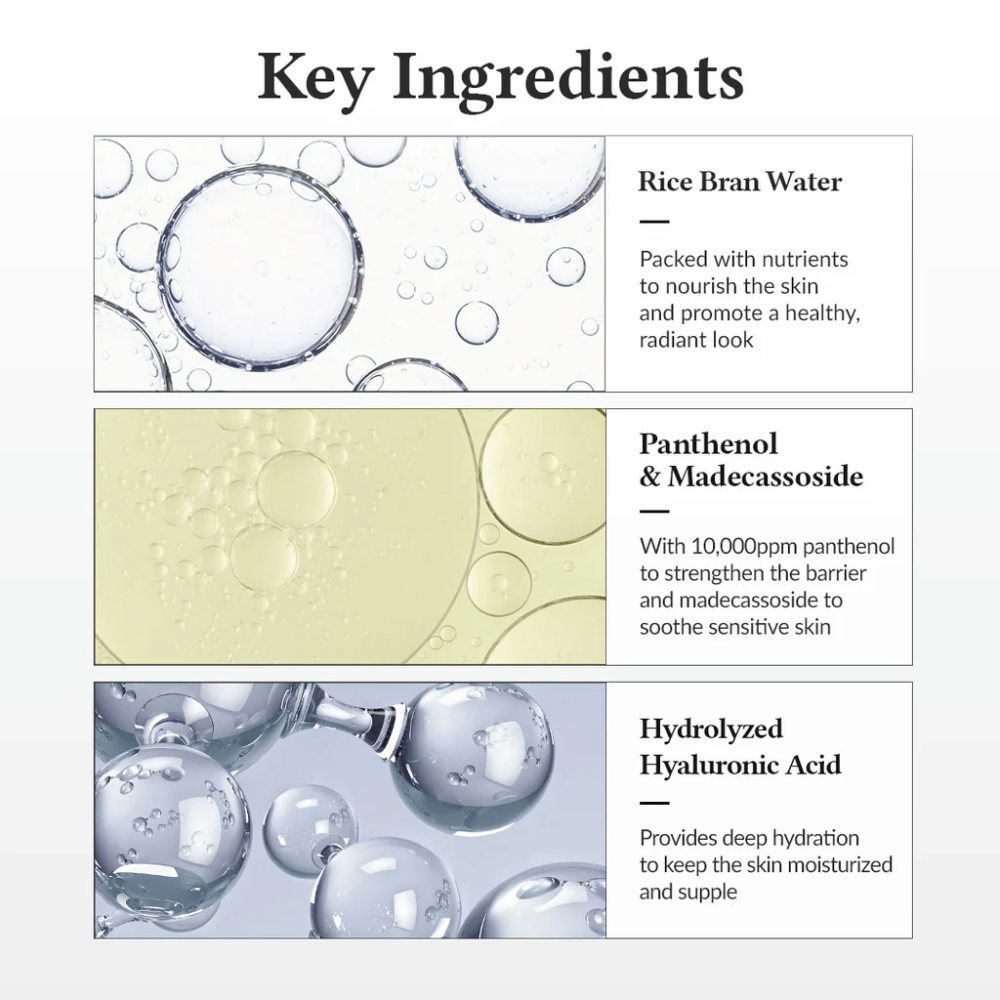 Ingrédients clés dans Dr. Althea 345 Relief Cream Mist, avec de l'eau de riz, du panthénol, du madecassoside et de l'acide hyaluronique hydrolysé qui renforcent la barrière cutanée et offrent une hydratation profonde.