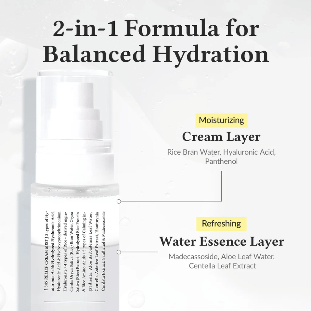 Illustration de Dr. Althea 345 Relief Cream Mist avec deux couches, une couche de crème hydratante et une couche d'essence d'eau rafraîchissante pour une hydratation équilibrée et durable.