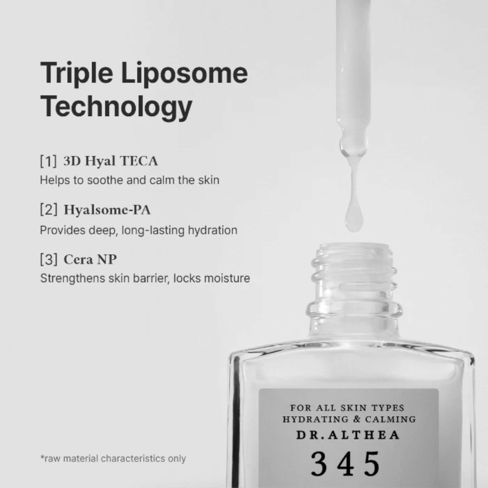 Dr. Althea 345 Relief Serum avec technologie à triple liposome, céramides et acide hyaluronique pour une hydratation intense et un effet apaisant.