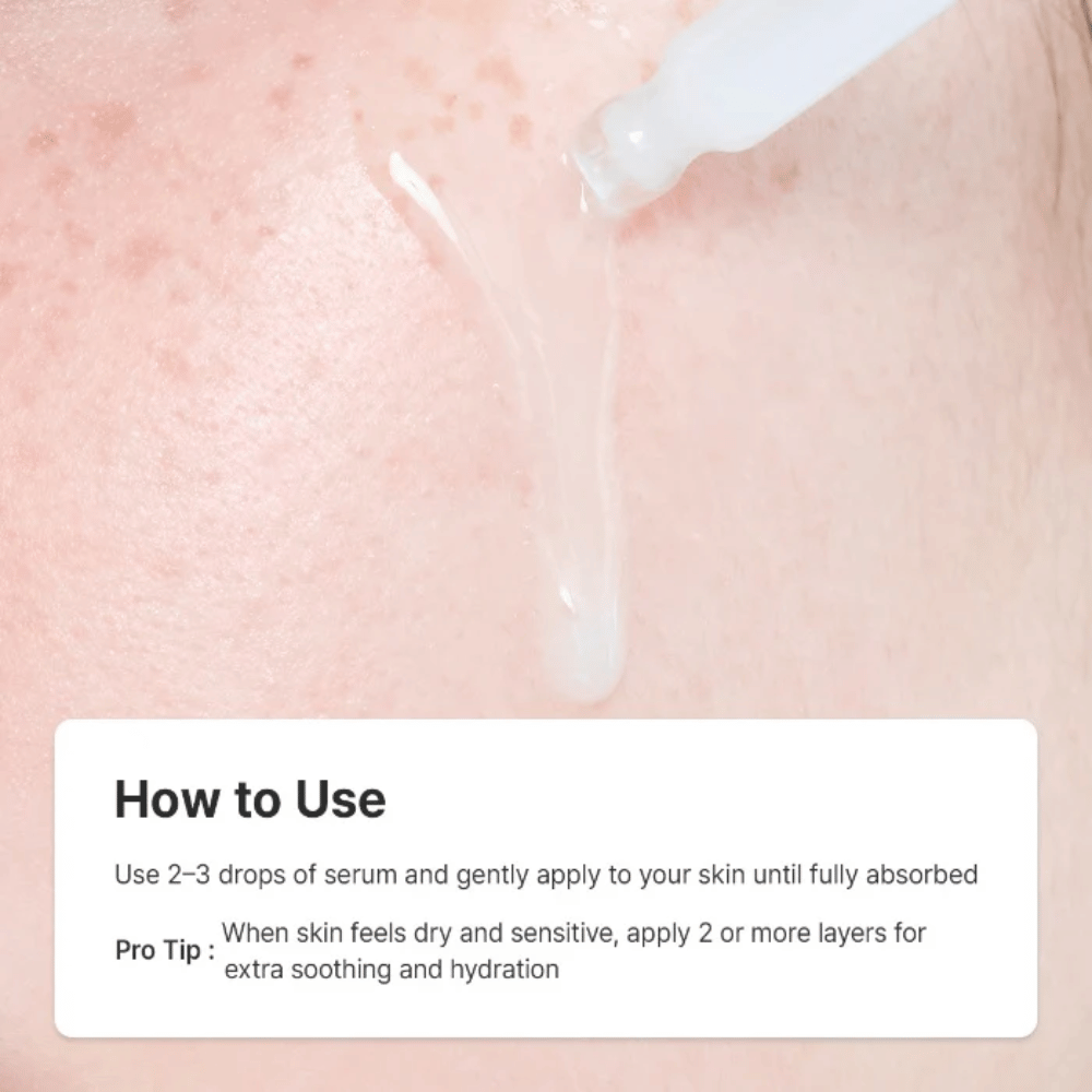 Dr. Althea 345 Relief Serum s’applique à l’aide d’une pipette sur la peau pour l’hydratation, le soin apaisant et le renforcement de la barrière cutanée.