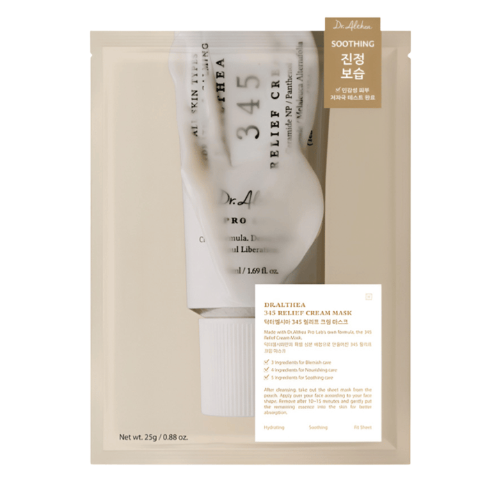 Dr. Althea 345 Relief Cream Mask sheet mask avec des ingrédients apaisants comme la niacinamide, la céramide et la centella asiatica