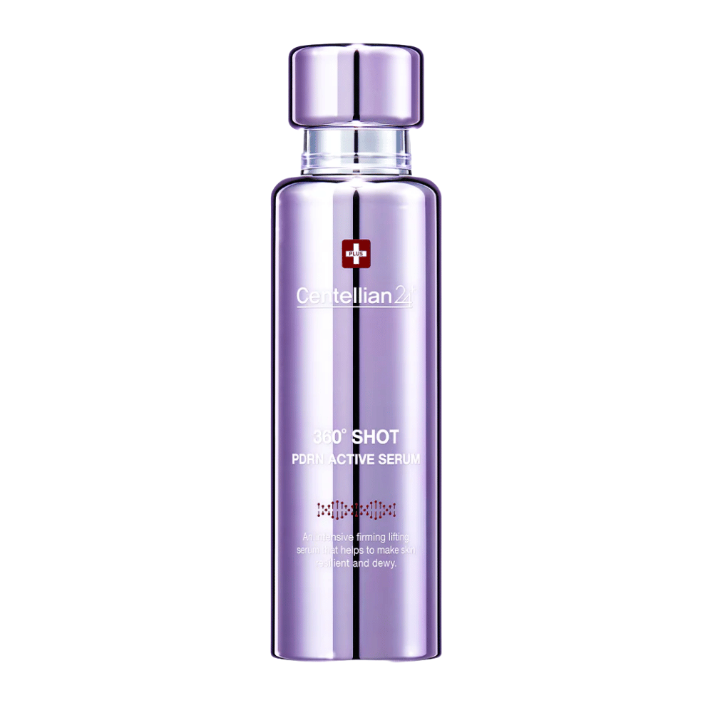 Centellian24 360º Shot PDRN Active Serum – sérum PDRN coréen dans une bouteille violette pour une élasticité accrue, une hydratation profonde et une peau plus ferme et plus élastique.