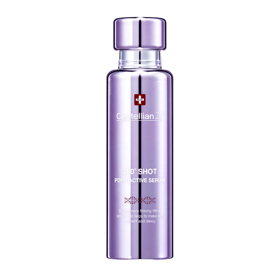 Centellian24 360º Shot PDRN Active Serum – sérum PDRN coréen dans une bouteille violette pour une élasticité accrue, une hydratation profonde et une peau plus ferme et plus élastique.