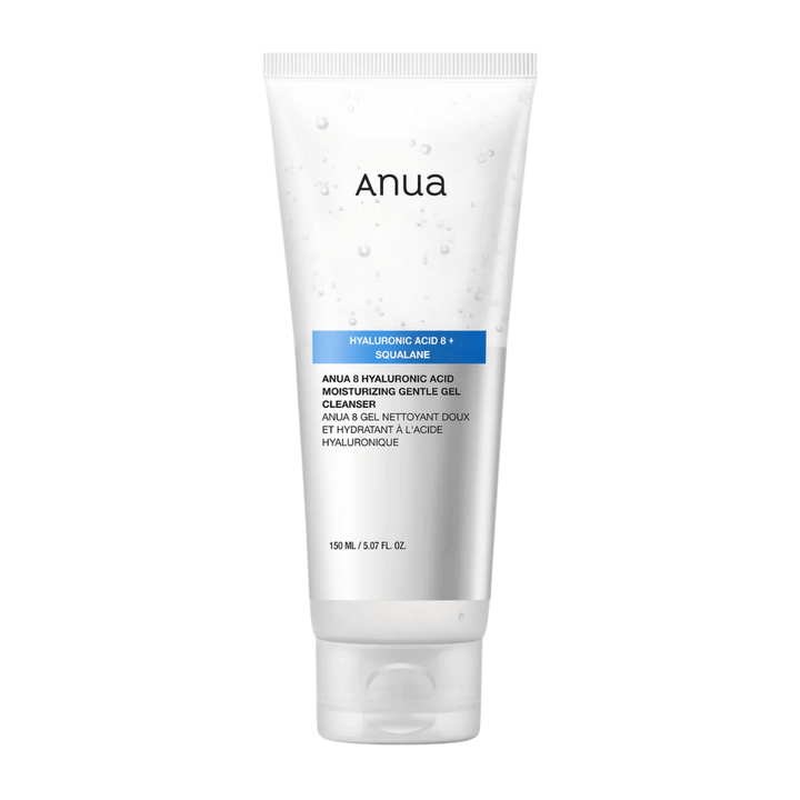 Image du produit sur Anua 8 Hyaluronic Acid Moisturizing Gentle Gel Cleanser dans un tube blanc. Nettoyant doux en gel qui renforce la barrière d'hydratation de la peau et procure une peau douce et équilibrée.