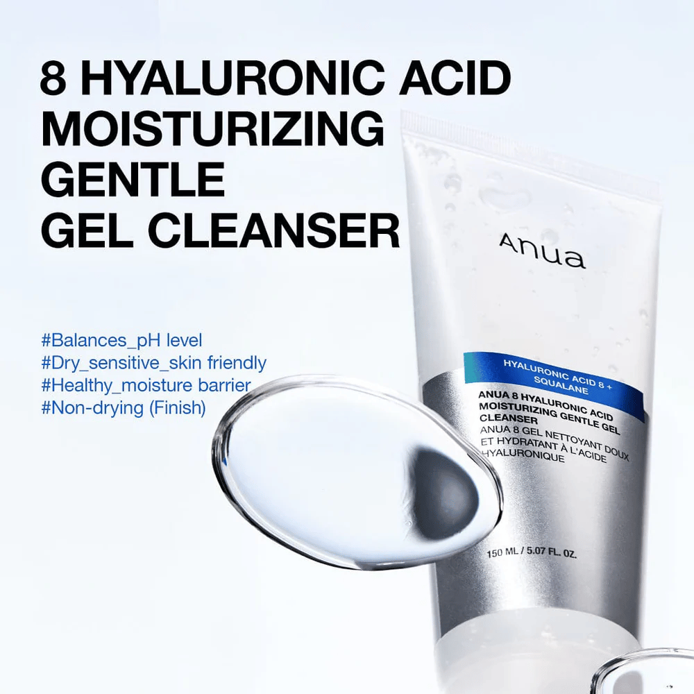 Anua 8 Hyaluronic Acid Moisturizing Gentle Gel Cleanser 150 ml sur fond bleu. Nettoyant doux en gel avec squalane qui hydrate et convient aux peaux sensibles.