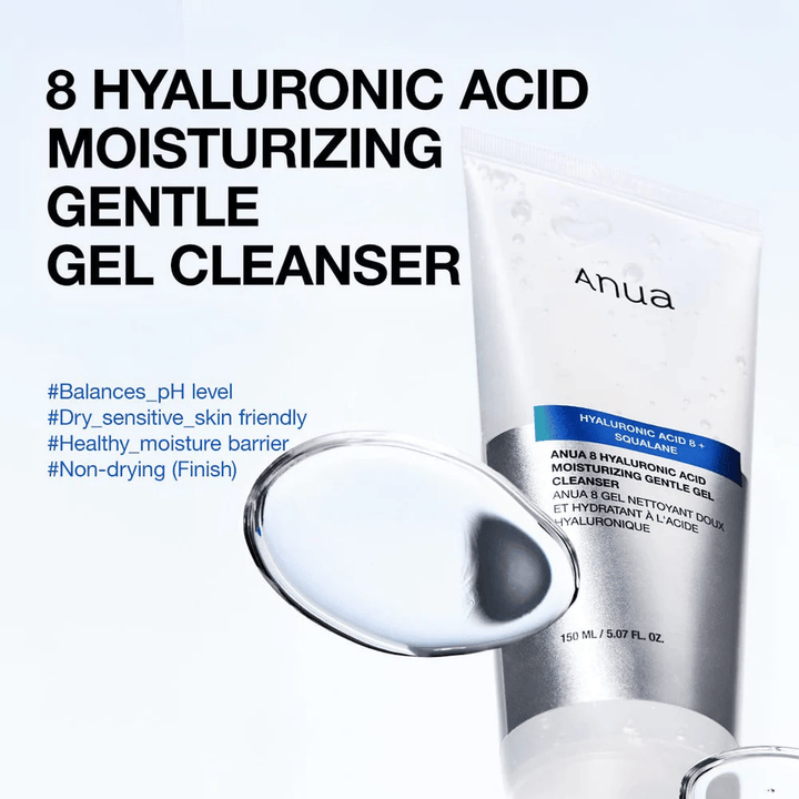 Anua 8 Hyaluronic Acid Moisturizing Gentle Gel Cleanser 150 ml sur fond bleu. Nettoyant doux en gel avec squalane qui hydrate et convient aux peaux sensibles.
