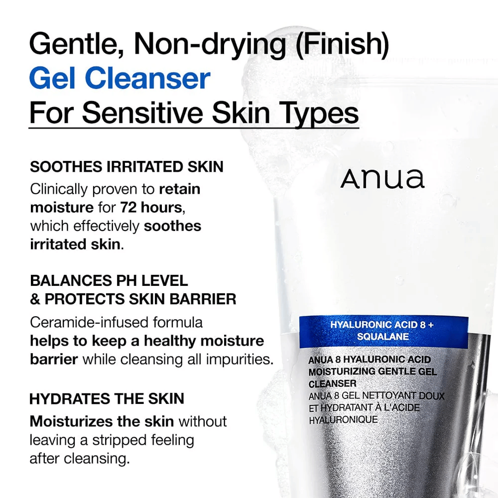 Anua 8 Hyaluronic Acid Moisturizing Gentle Gel Cleanser avec un texte qui met en avant les caractéristiques du produit : hydrate pendant 72 heures, équilibre le pH et protège la barrière cutanée.