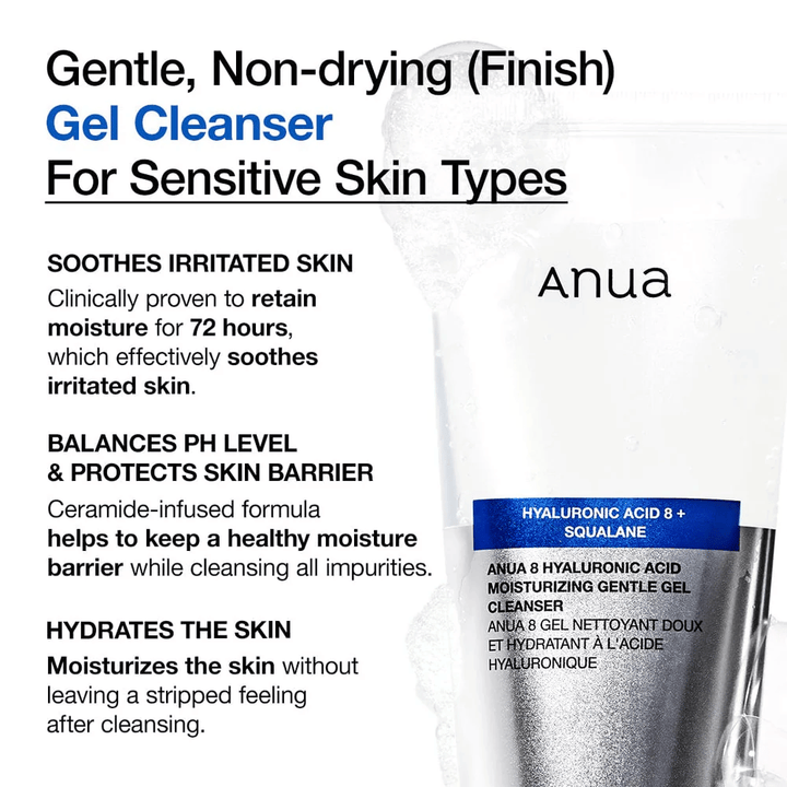 Anua 8 Hyaluronic Acid Moisturizing Gentle Gel Cleanser avec un texte qui met en avant les caractéristiques du produit : hydrate pendant 72 heures, équilibre le pH et protège la barrière cutanée.