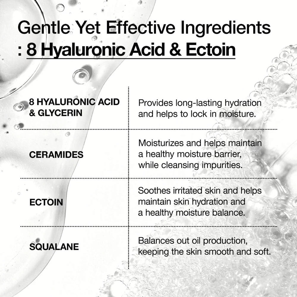 Présentation graphique des ingrédients clés d'Anua : 8 types d'acide hyaluronique, céramides, ectoïne et squalane qui hydratent, apaisent et renforcent la barrière cutanée.