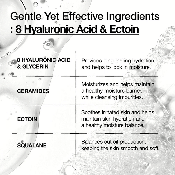 Présentation graphique des ingrédients clés d'Anua : 8 types d'acide hyaluronique, céramides, ectoïne et squalane qui hydratent, apaisent et renforcent la barrière cutanée.