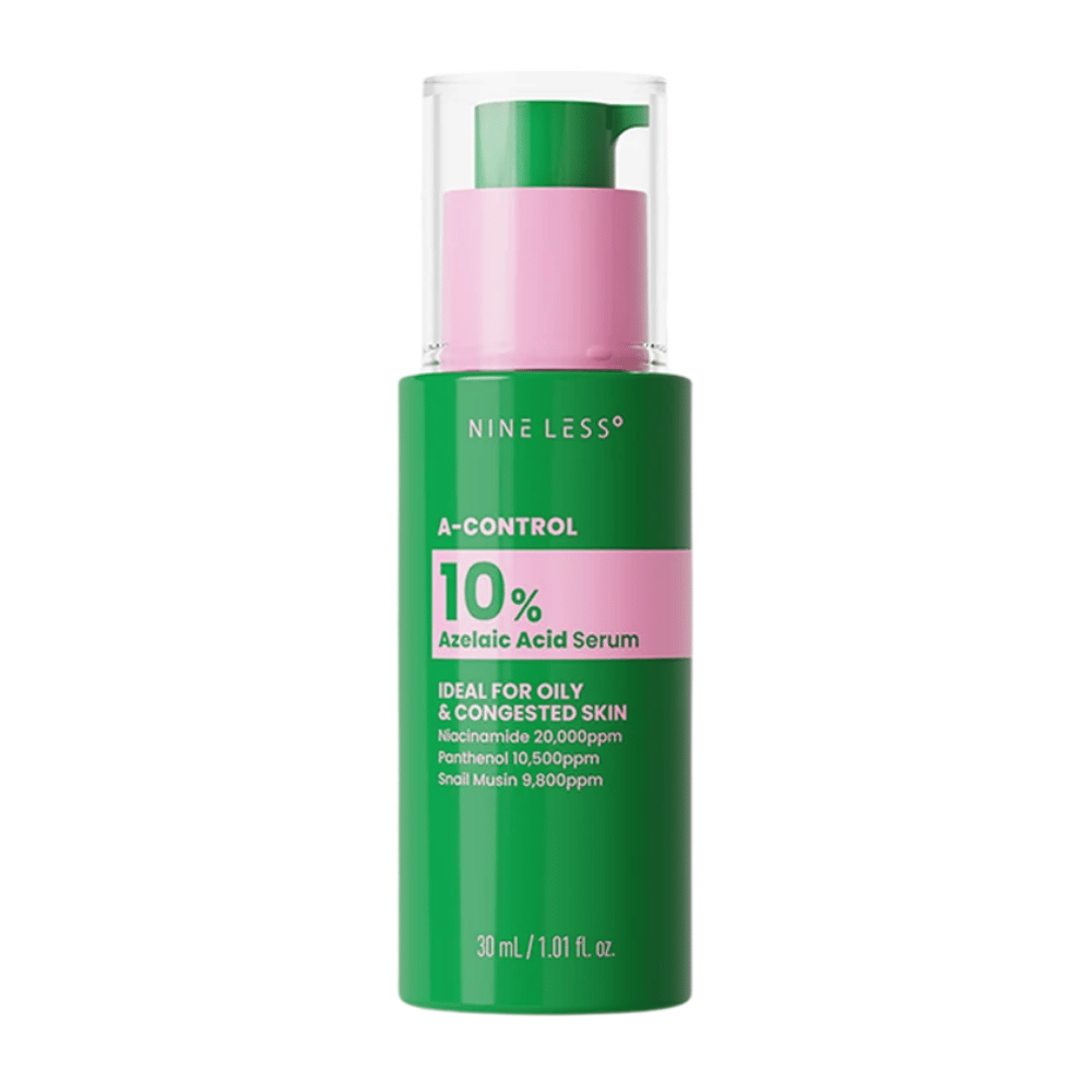 NINELESS A-Control 10% Azelaic Acid Serum 30 ml en flacon-pompe vert pour les peaux grasses et congestionnées.