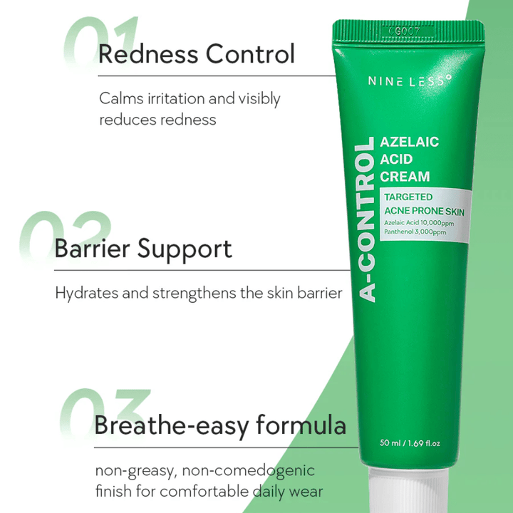 NINELESS A-Control Azelaic Acid Cream – crème visage coréenne avec acide azélaïque qui aide à réduire les rougeurs, renforcer la barrière cutanée et offrir une finition légère et non grasse.