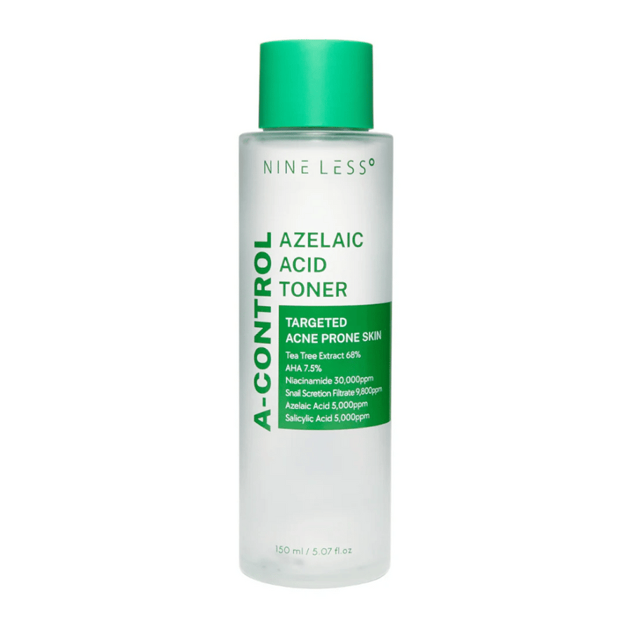 Image du produit Nine Less A-Control Azelaic Acid Toner 150 ml dans un flacon transparent avec étiquette verte et bouchon vert.