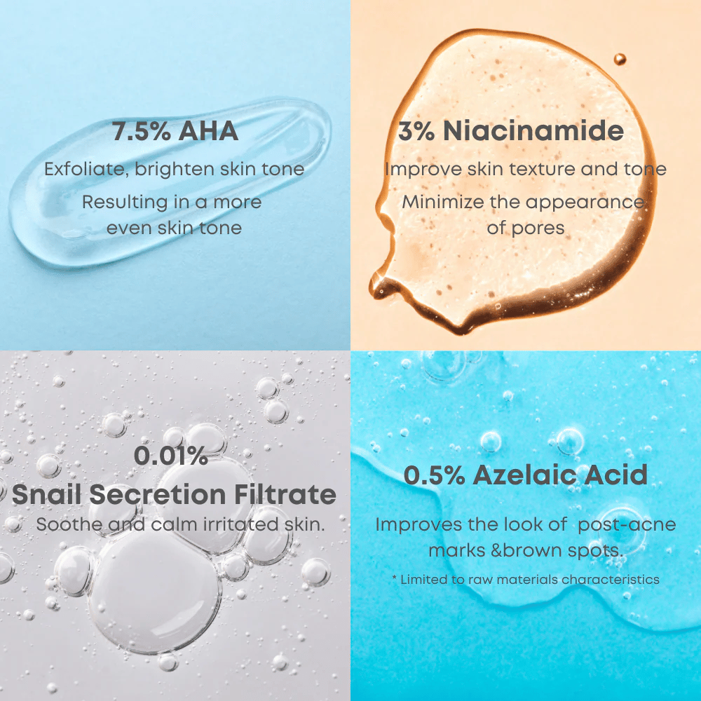Gros plan sur les gouttes de sérum illustrant les ingrédients clés du toner : 7,5% AHA, 3% niacinamide, filtrat de sécrétion d'escargot et 0,5% d'acide azélaïque.