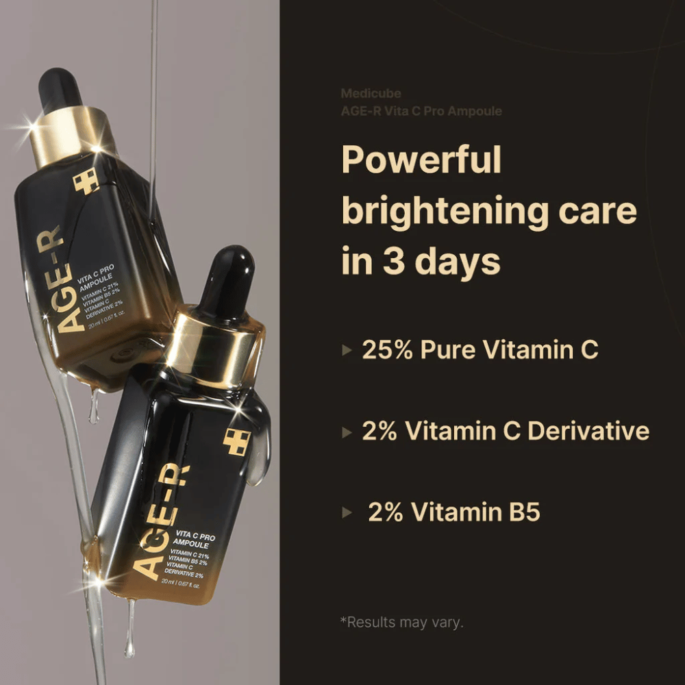 Image de Medicube Age-R Vita C Pro Ampoule mettant en avant l'effet éclaircissant du produit en 3 jours. Le produit contient 25% de vitamine C pure, 2% de dérivé de vitamine C et 2% de vitamine B5. Les flacons sont présentés avec des détails dorés et une pipette pour l'application.