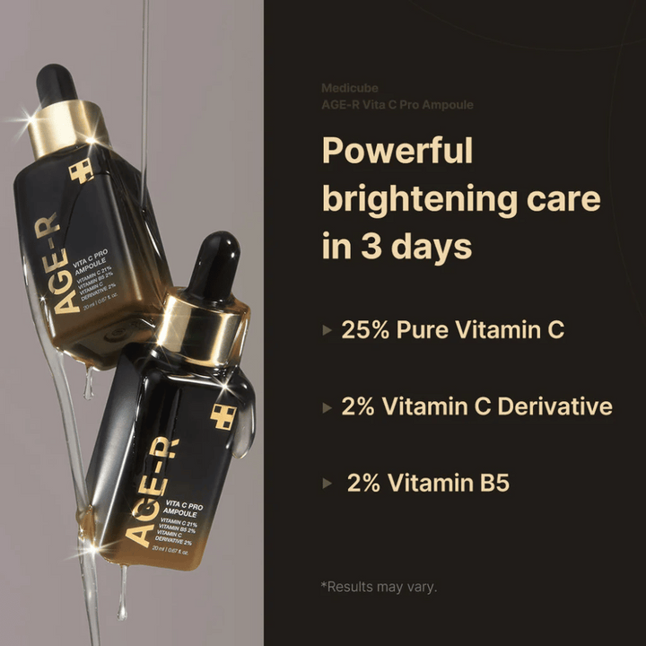 Image de Medicube Age-R Vita C Pro Ampoule mettant en avant l'effet éclaircissant du produit en 3 jours. Le produit contient 25% de vitamine C pure, 2% de dérivé de vitamine C et 2% de vitamine B5. Les flacons sont présentés avec des détails dorés et une pipette pour l'application.