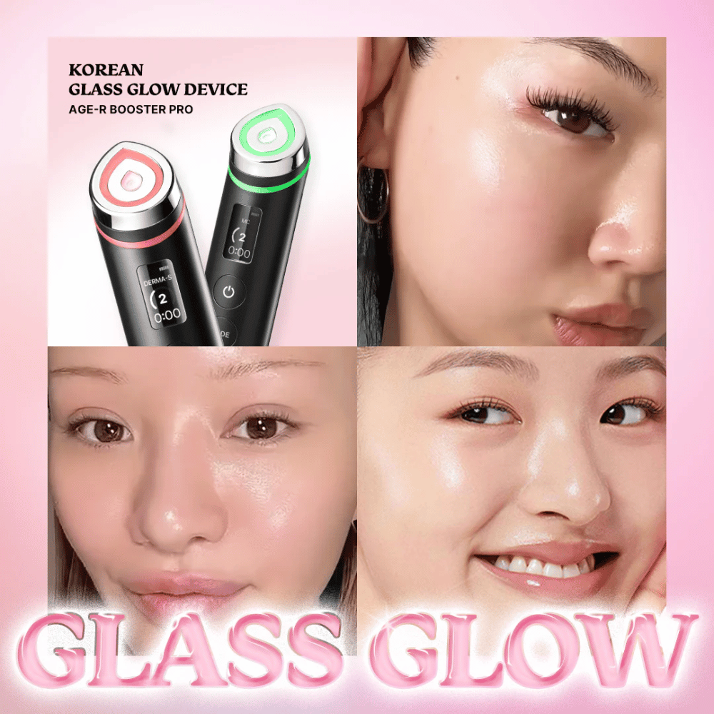 Quatre images montrent des gros plans de peau lisse et brillante après l'utilisation de Medicube Age-R Booster Pro, commercialisé comme un "Korean Glass Glow Device". Le produit est vanté pour donner une peau brillante et uniforme, appelée "Glass Glow".