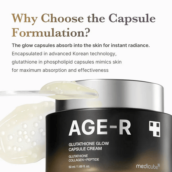 Medicube Age-R Glutathione Glow Capsule Cream est commercialisé avec une explication des avantages de la formulation en capsules. Les capsules de glutathion sont rapidement absorbées par la peau pour un éclat immédiat, grâce à une technologie coréenne avancée qui imite les mécanismes naturels de la peau pour un effet maximal.