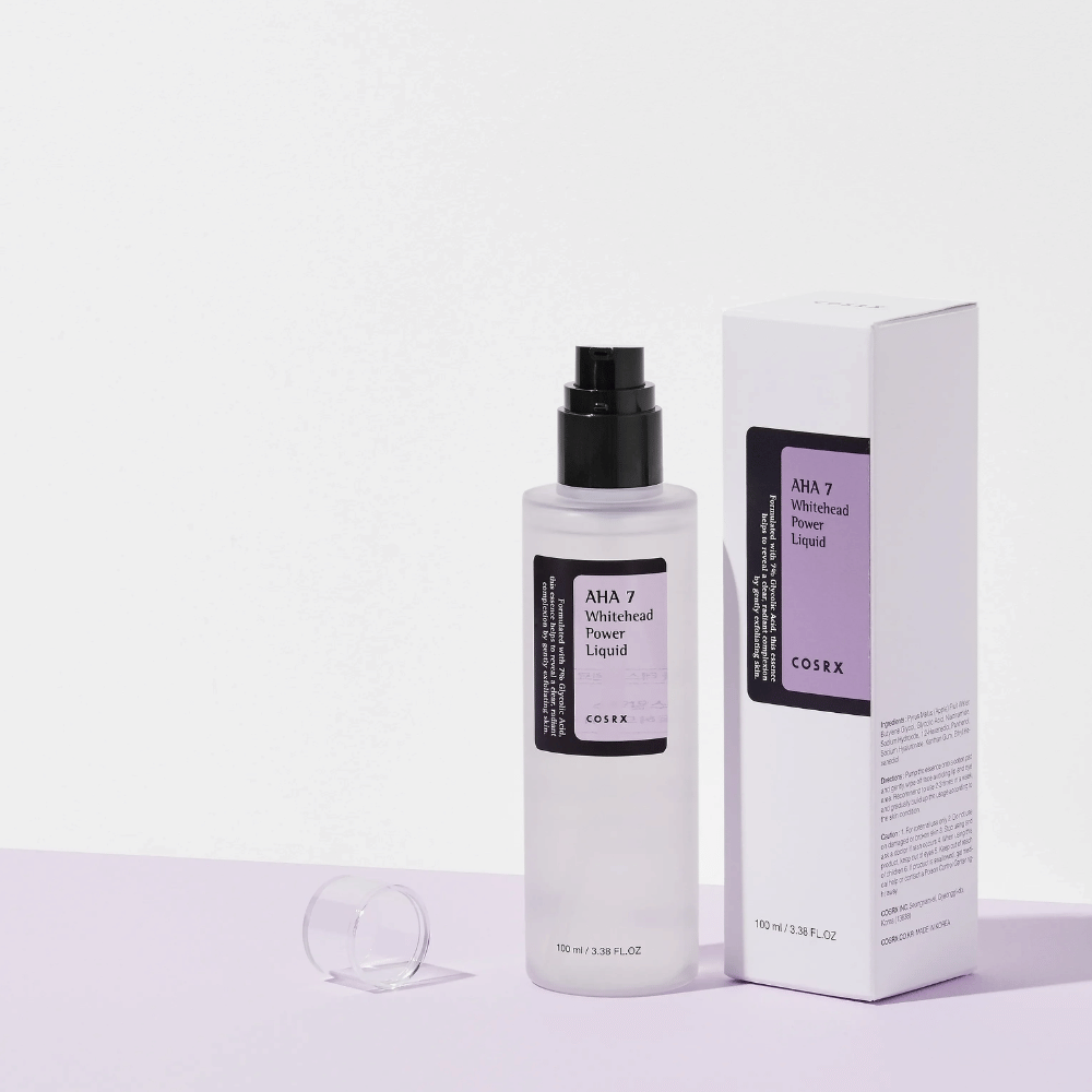 COSRX AHA 7 Whitehead Power Liquid avec emballage, lotion exfoliante pour le visage avec 7 % AHA pour contrer les points noirs blancs et uniformiser le teint.
