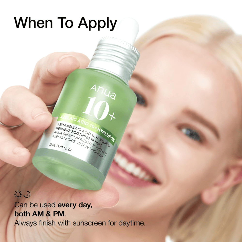 ANUA Azelaic Acid 10+ Hyaluron est un sérum apaisant qui réduit les rougeurs et hydrate la peau. Parfait pour une utilisation quotidienne matin et soir. Contient de l'acide azélaïque et de l'acide hyaluronique pour équilibrer et renforcer la barrière cutanée. Utilisez toujours une protection solaire pendant la journée.