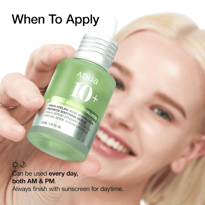 ANUA Azelaic Acid 10+ Hyaluron est un sérum apaisant qui réduit les rougeurs et hydrate la peau. Parfait pour une utilisation quotidienne matin et soir. Contient de l'acide azélaïque et de l'acide hyaluronique pour équilibrer et renforcer la barrière cutanée. Utilisez toujours une protection solaire pendant la journée.