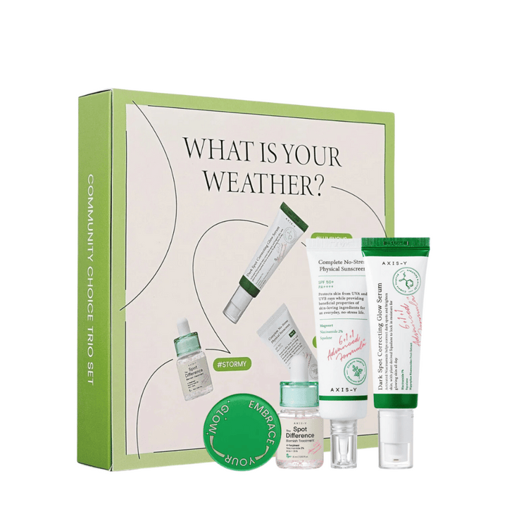 AXIS-Y "Quel est votre temps?" Kit de soin de la peau en emballage vert comprend cinq produits : crème solaire, crème hydratante, sérum, gel de traitement et masque facial, adaptés à différents types de peau et climats.