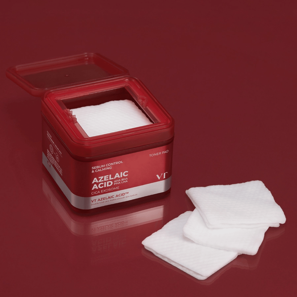 VT Azelaic Acid Toner Pad – pads exfoliants et apaisants avec AHA, BHA, PHA et LHA pour une peau équilibrée et claire.