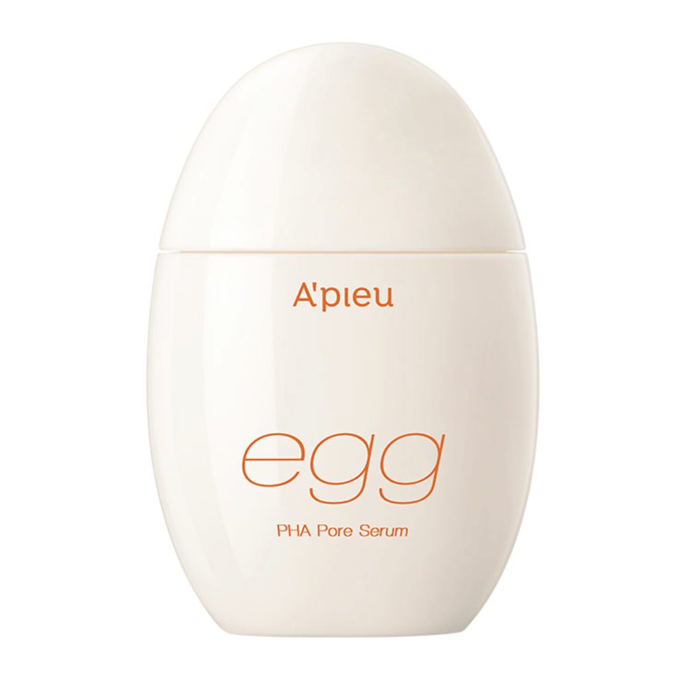 A’pieu Egg PHA Pore Serum dans un emballage beige en forme d'œuf avec un texte orange - un sérum coréen qui exfolie en douceur et minimise les pores.