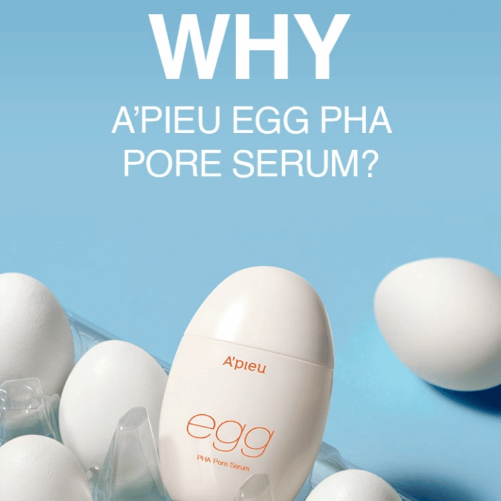 A’pieu Egg PHA Pore Serum dans un emballage en forme d'œuf parmi des œufs blancs dans une boîte à œufs - un sérum coréen pour affiner les pores et une exfoliation douce.