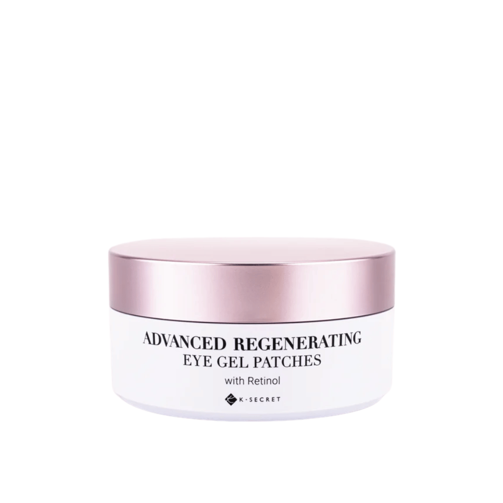 Pot avec K-Secret Patchs Gel pour les Yeux Régénérants Avancés avec rétinol et couvercle rose.