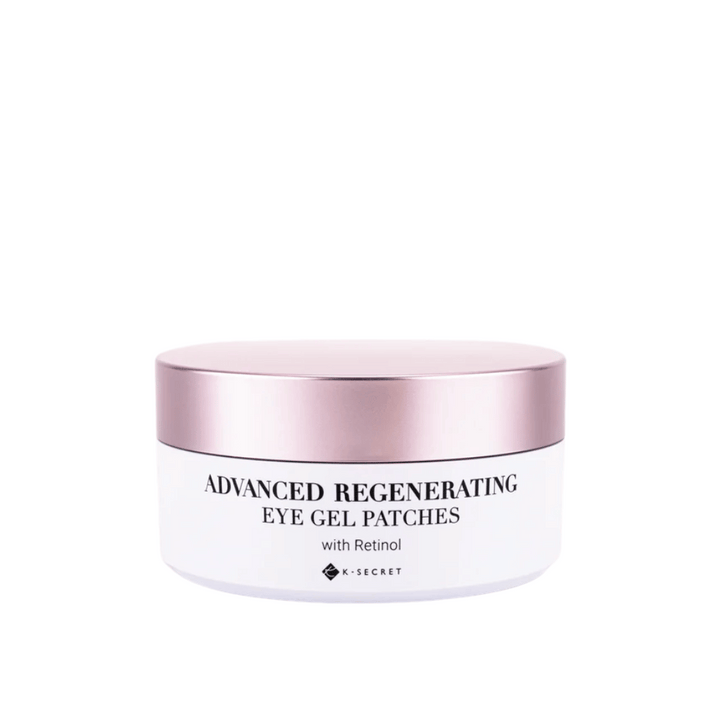 Pot avec K-Secret Patchs Gel pour les Yeux Régénérants Avancés avec rétinol et couvercle rose.