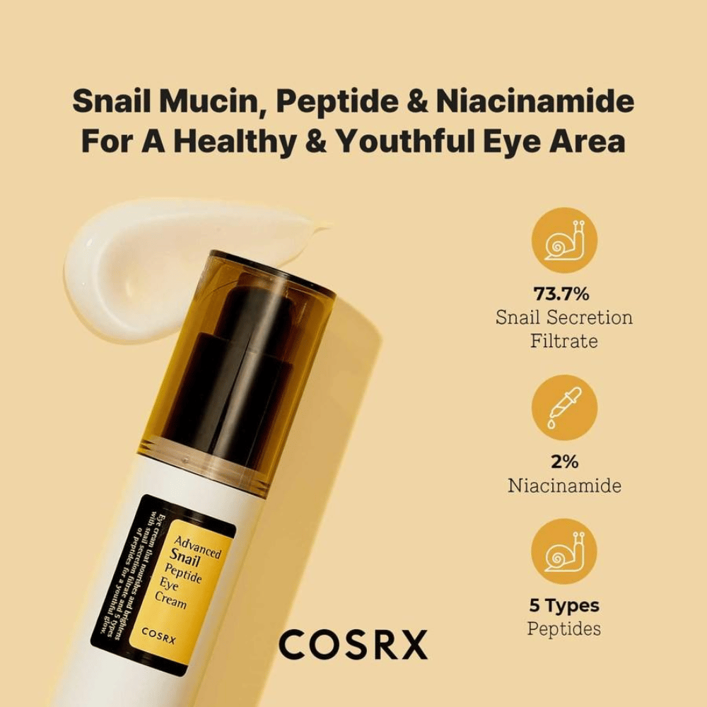 COSRX Advanced Snail Peptide Eye Cream 25 ml avec mucine d'escargot, peptides et niacinamide pour une peau plus ferme et un teint plus uniforme autour des yeux