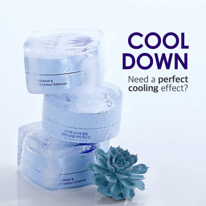 Image promotionnelle de PETITFEE Agave Cooling Hydrogel Eye Mask avec un thème glacé et rafraîchissant. L’image met en avant l’effet refroidissant du produit et la sensation de fraîcheur pour les yeux fatigués.