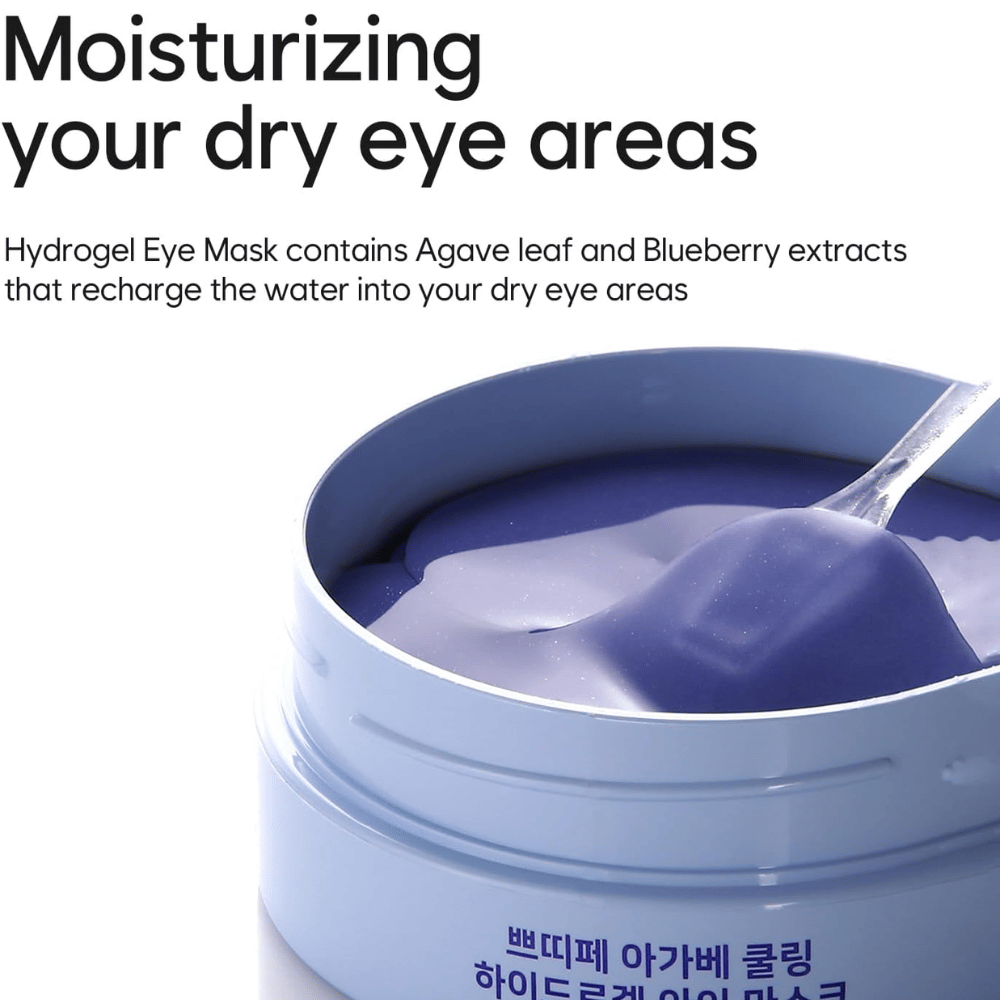 Image produit de Agave Cooling Hydrogel Eye Mask axée sur l’hydratation des zones sèches autour des yeux. L’image montre la formule hydrogel et la spatule incluse.