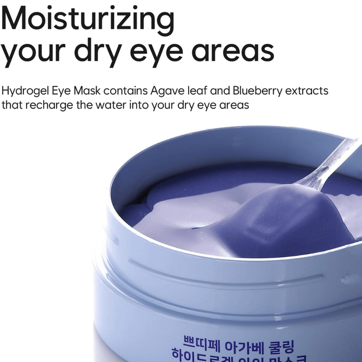Image produit de Agave Cooling Hydrogel Eye Mask axée sur l’hydratation des zones sèches autour des yeux. L’image montre la formule hydrogel et la spatule incluse.