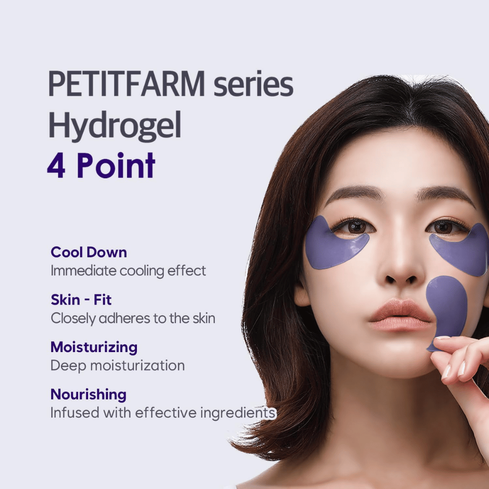 Image promotionnelle avec un modèle utilisant le PETITFARM Hydrogel Eye Mask. L’image met en avant quatre principaux avantages : effet rafraîchissant, ajustement adapté à la peau, hydratation profonde et ingrédients nourrissants.