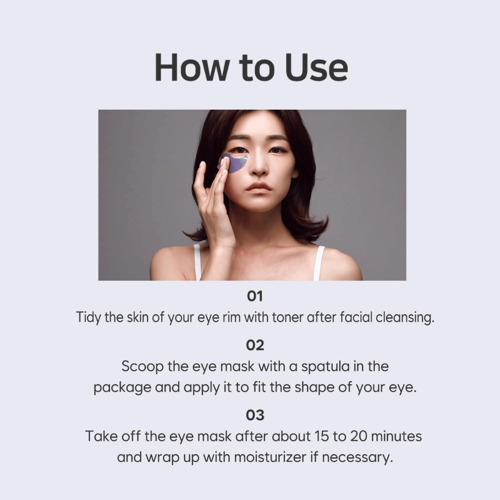 Image d’instructions montrant comment appliquer le PETITFARM Hydrogel Eye Mask après le nettoyage et toner visage. Le guide décrit étape par étape comment utiliser les patchs pour les yeux pour une hydratation et un soin rafraîchissant autour des yeux.