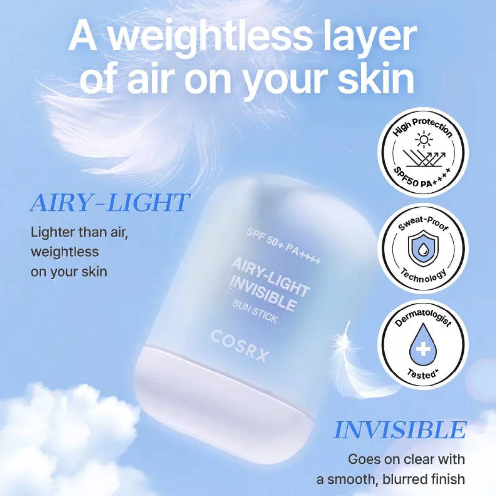 COSRX Airy-Light Invisible Sun Stick – protection solaire ultra-légère avec SPF 50+ et PA++++, offrant une finition invisible et sans poids.