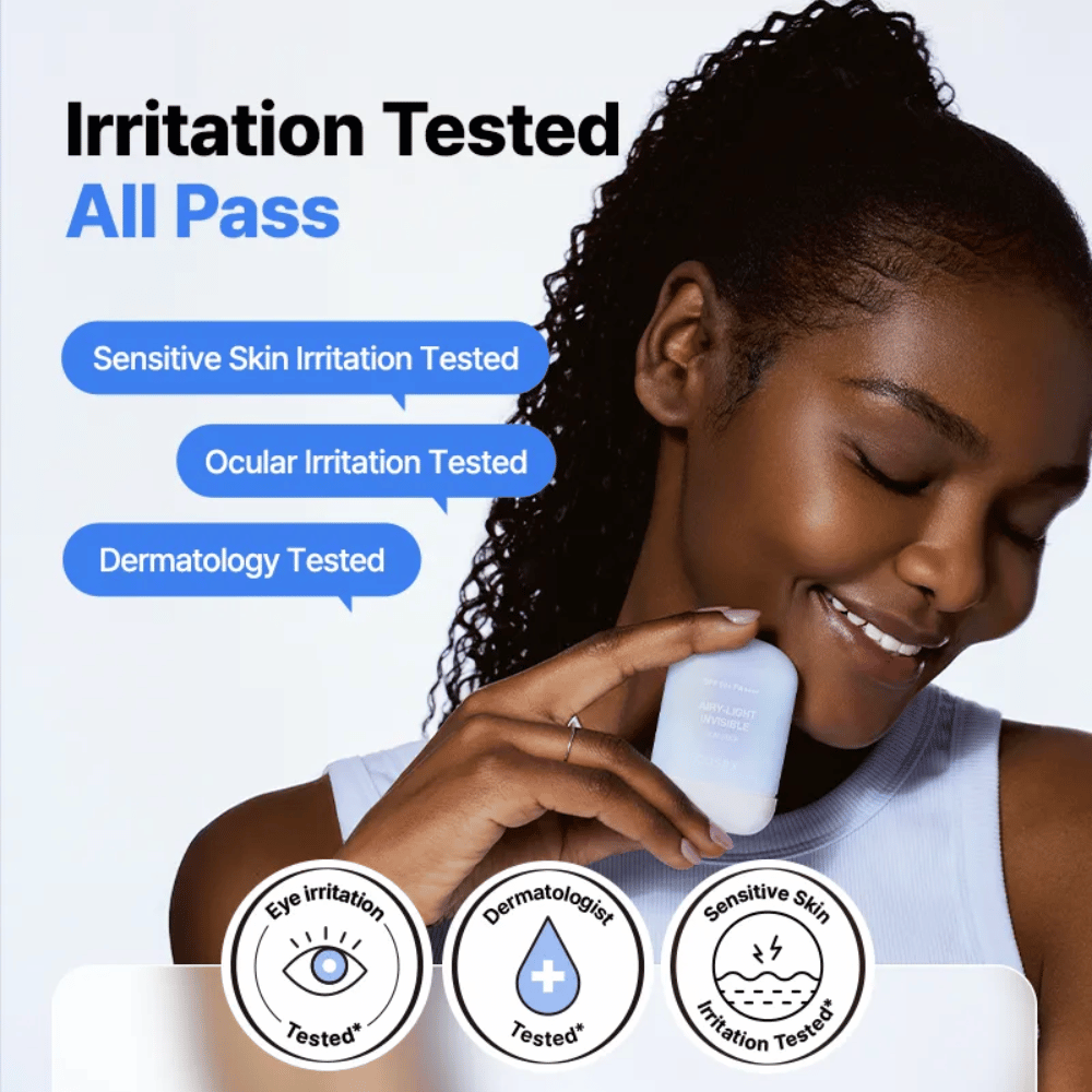 Testé cliniquement COSRX Airy-Light Invisible Sun Stick – testé pour les peaux sensibles, irritation des yeux et approuvé dermatologiquement.
