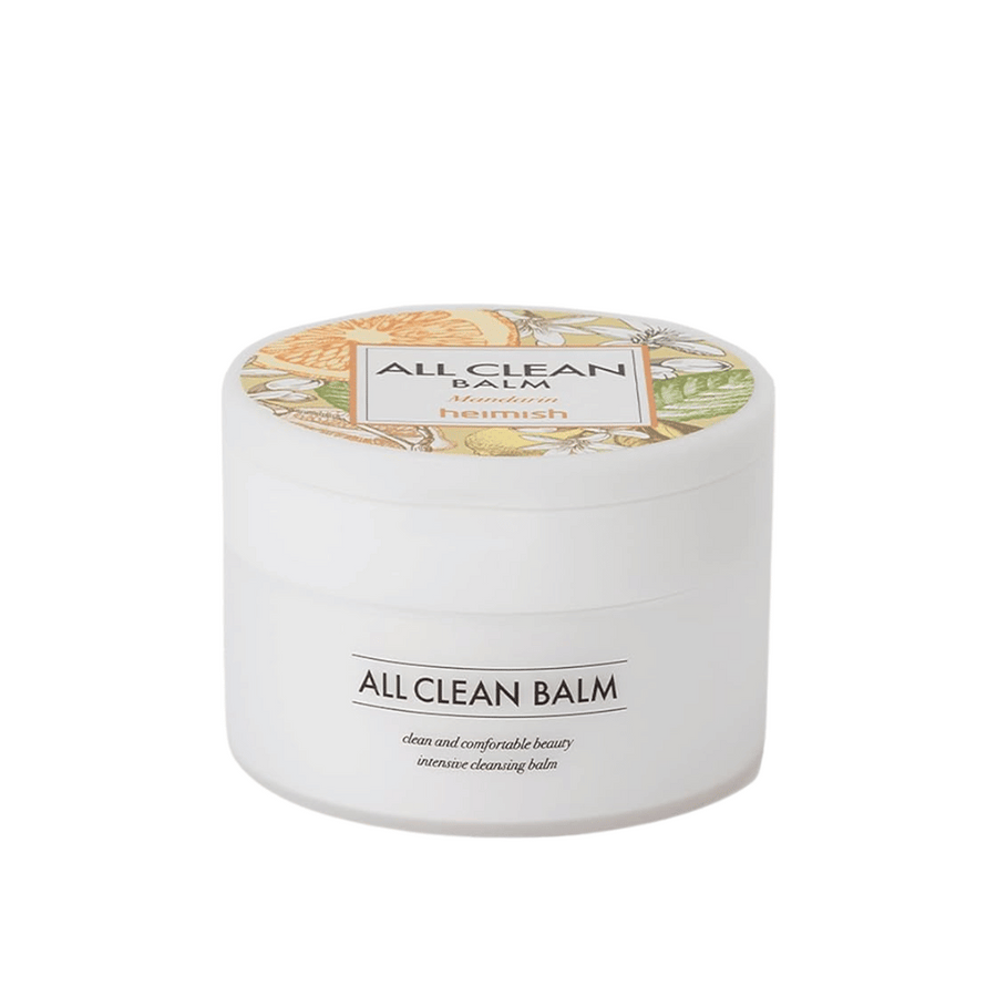 Un pot de Heimish All Clean Balm au parfum de mandarine, un baume nettoyant intensif, avec une étiquette colorée et un emballage blanc.