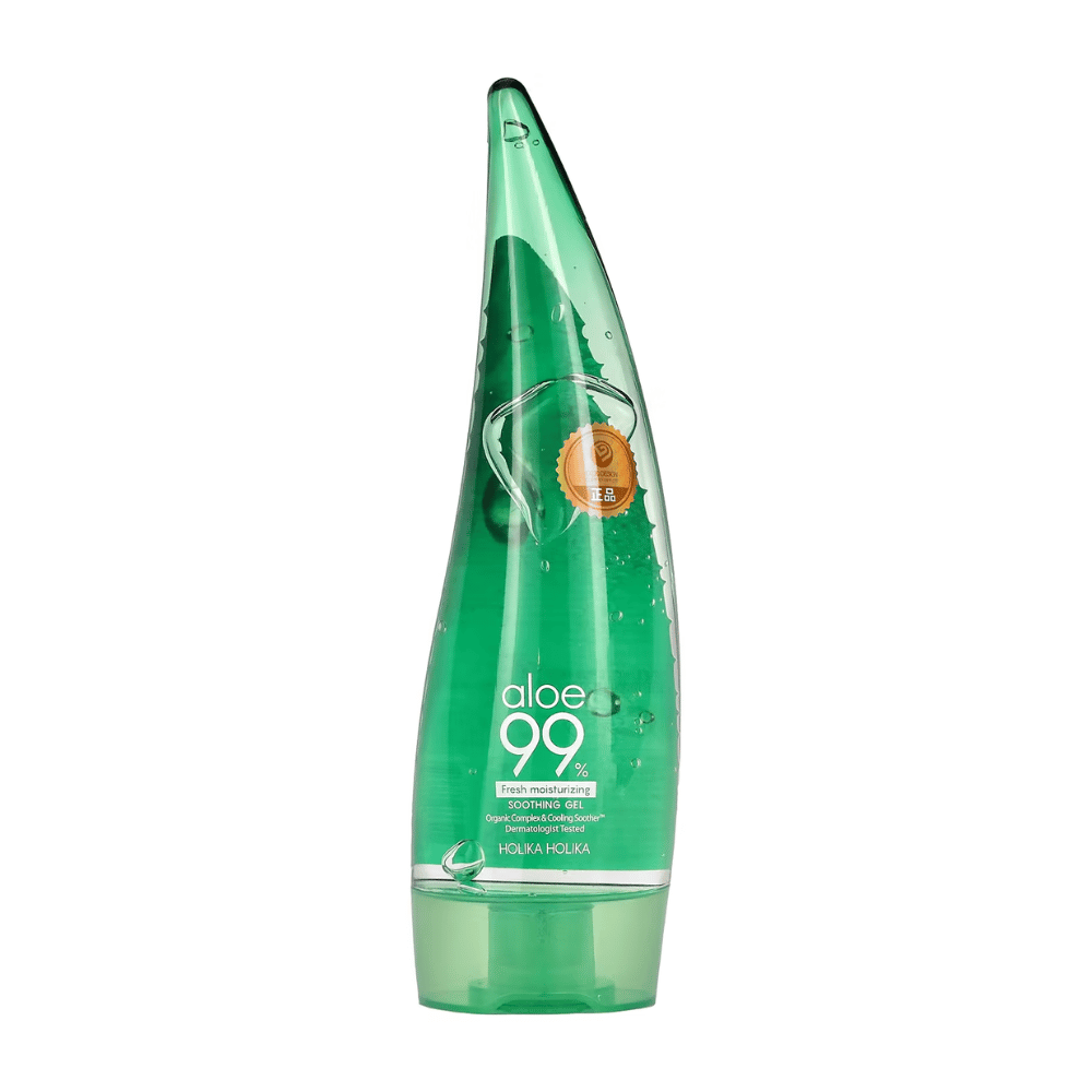 Une bouteille verte en forme d'aloès avec Holika Holika Aloe 99% Soothing Gel. La bouteille contient un gel apaisant et a un texte décrivant les propriétés hydratantes et apaisantes du produit.