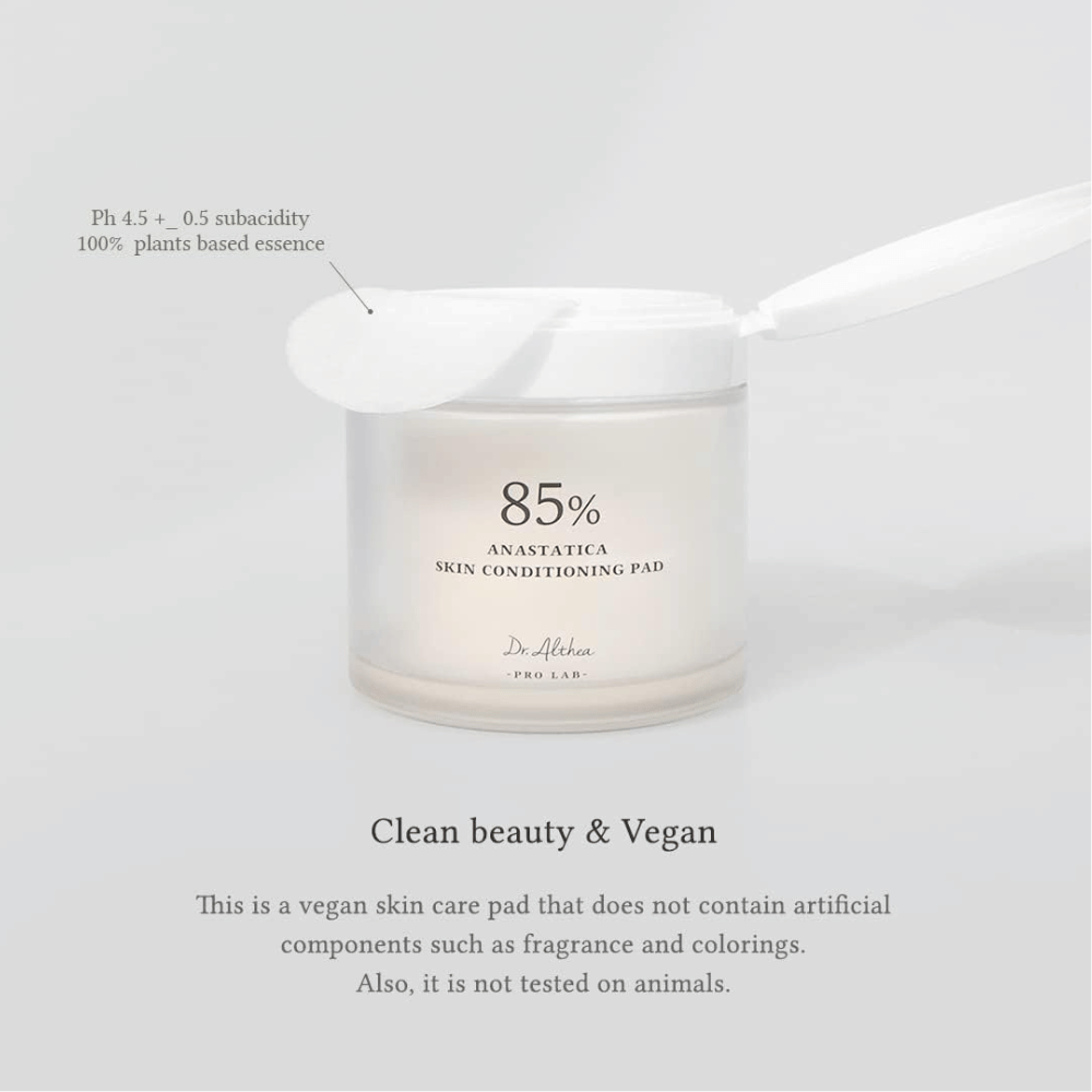 Dr. Althea 85% Anastatica Skin Conditioning Pad sont des pads véganes toner visage sans parfum ni colorants artificiels, développés pour les peaux sensibles.