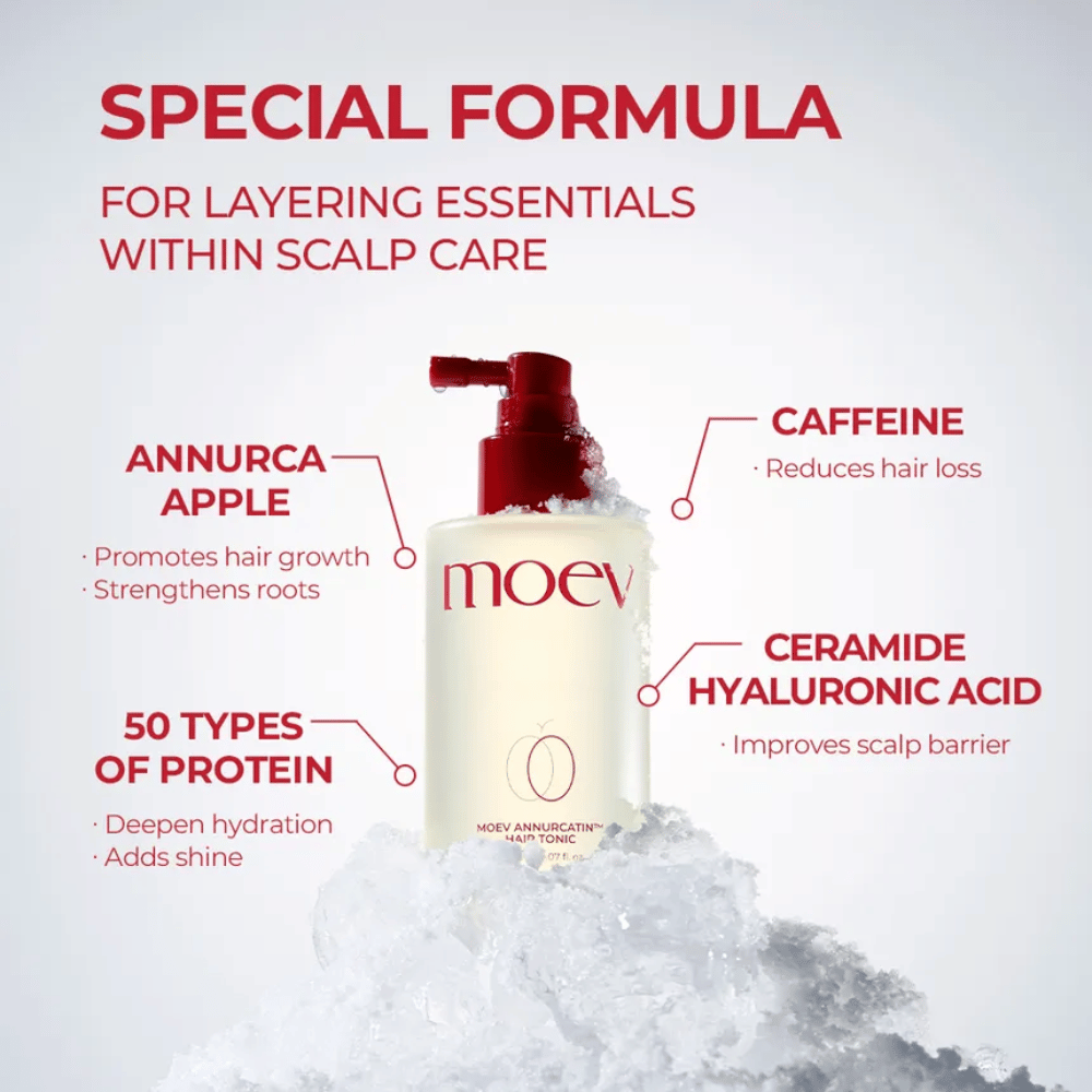 MOEV Annurcatin Hair Tonic – formule avancée avec pomme Annurca, caféine et acide hyaluronique qui renforce les cheveux et le cuir chevelu.