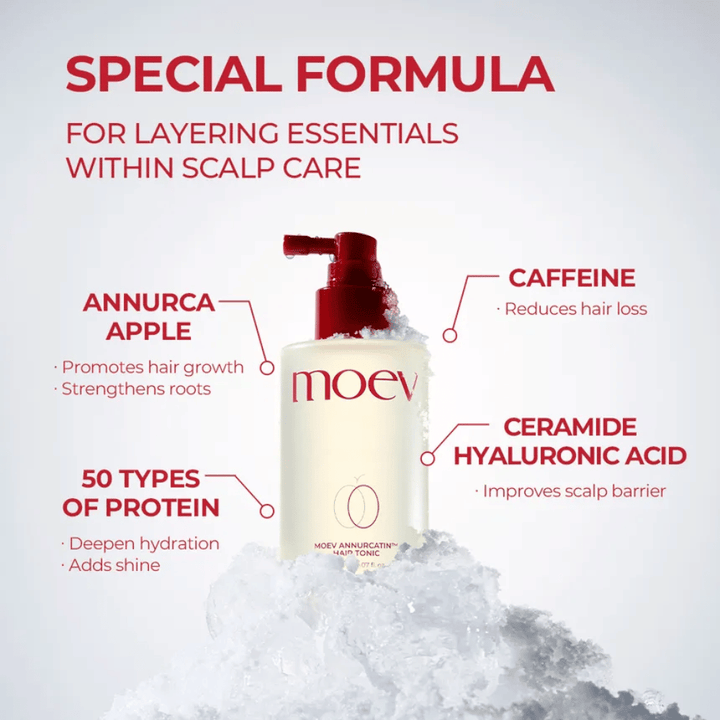 MOEV Annurcatin Hair Tonic – formule avancée avec pomme Annurca, caféine et acide hyaluronique qui renforce les cheveux et le cuir chevelu.